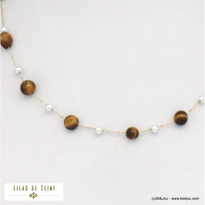 collier éclats pierre perles acrylique acier inoxydable femme 0121537 marron