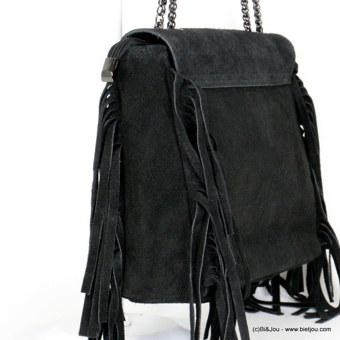 sac à bandoulière chaîne CUIR VERITABLE façon daim franges femme 091529 noir sac à bandoulière chaîne CUIR VERITABLE façon daim franges femme 091529 noir