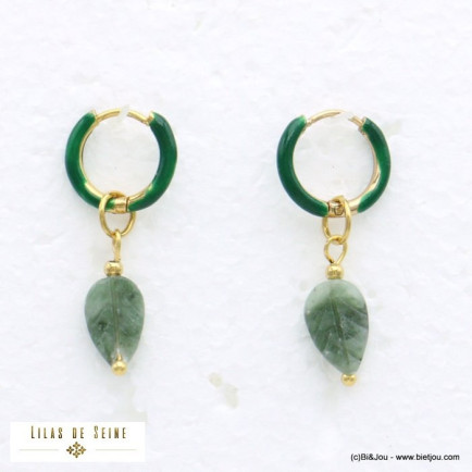 boucles d'oreille mini créoles feuille pierre anneau émail acier inoxydable femme 0321541