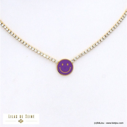 collier ras de cou strass smiley émail acier inoxydable femme 0121553 violet