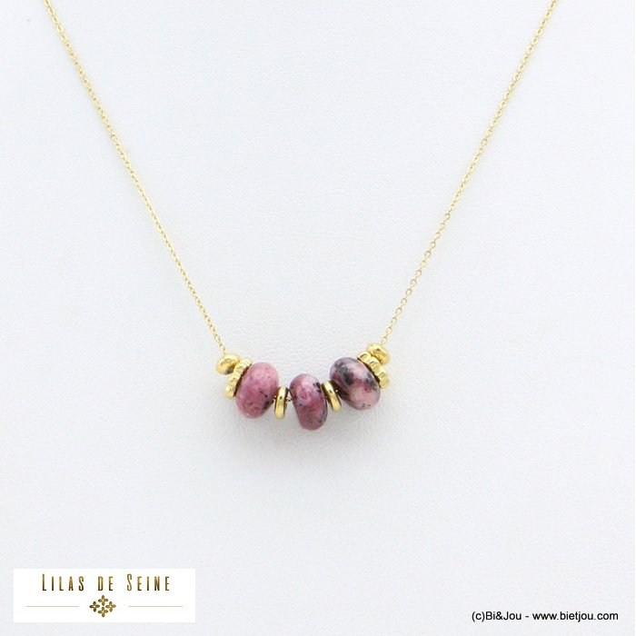 collier 3 pierres naturelles acier inoxydable femme 0121534 violet