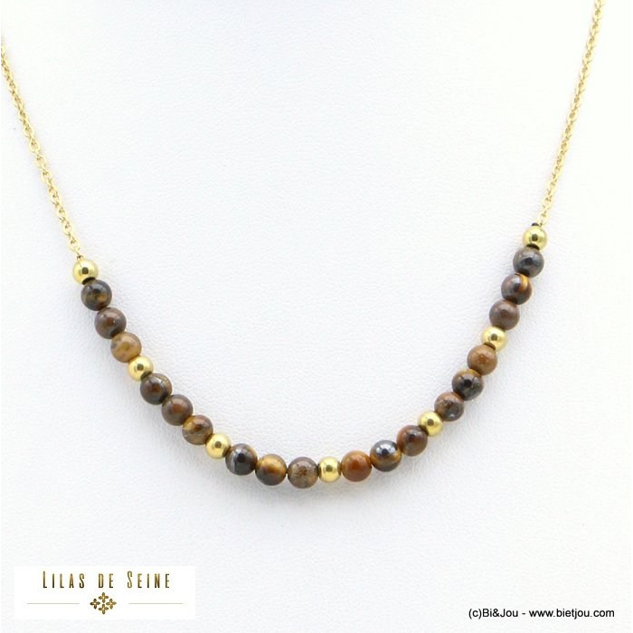 Collier chaîne fine billes pierre naturelle acier inoxydable femme 0121564 marron
