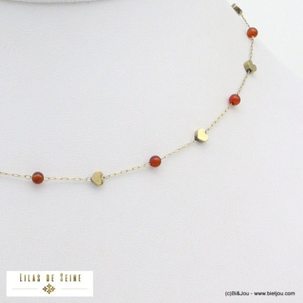 collier billes pierre naturelle coeurs acier inoxydable femme 0121583 rouge bordeaux