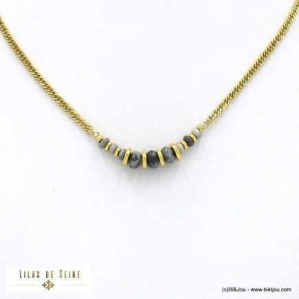 collier acier inoxydable billes pierre naturelle chaîne gourmette plate femme 0122002 noir