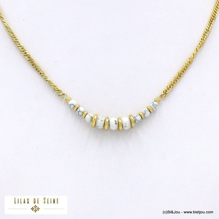 collier acier inoxydable billes pierre naturelle chaîne gourmette plate femme 0122002 blanc