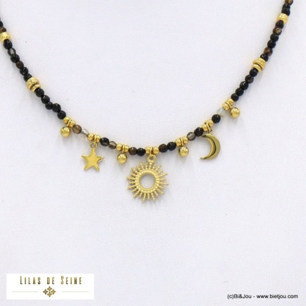 collier charms acier inoxydable étoile lune soleil billes pierre femme 0122004 noir