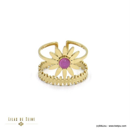 bague acier inoxydable double anneaux fleur cabochon pierre femme 0422013