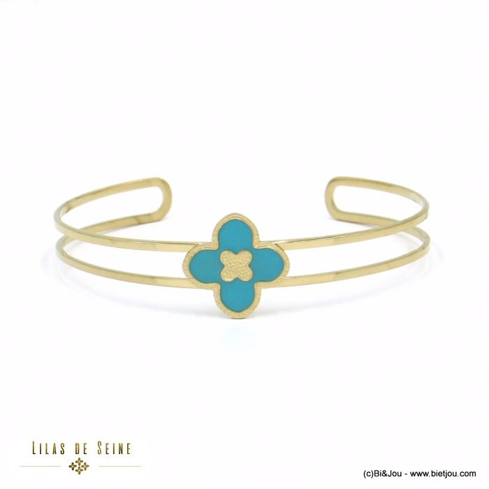 bracelet double jonc acier inoxydable trèfle émail femme 0222009