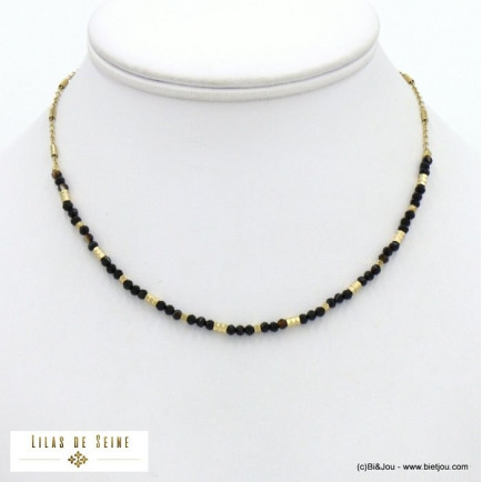 Collier acier inoxydable tubes billes facettées pierre femme 0122020 noir