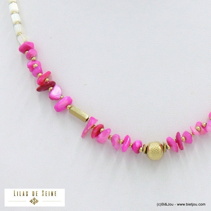 collier acier inoxydable éclats pierre tubes nacre femme 0122024 fushia