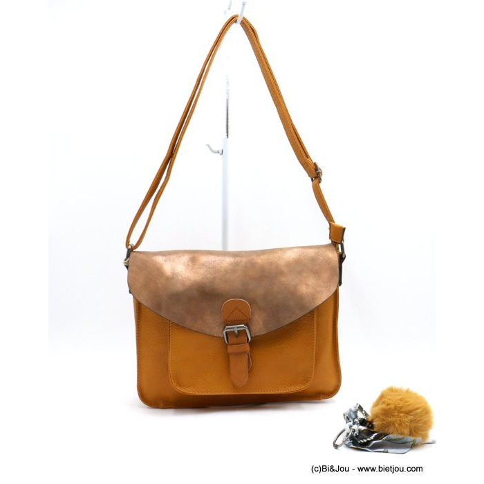 Sac à bandoulière cartable Flora&Co simili-cuir souple rabat scintillant boule de poil foulard femme 0922050 jaune