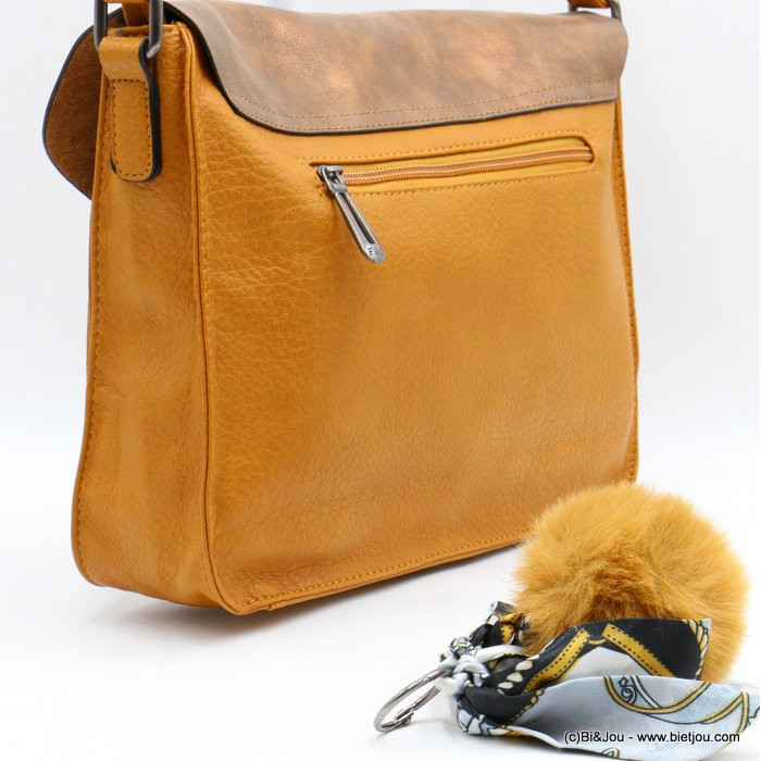 Sac à bandoulière cartable Flora&Co simili-cuir souple rabat scintillant boule de poil foulard femme 0922050 jaune