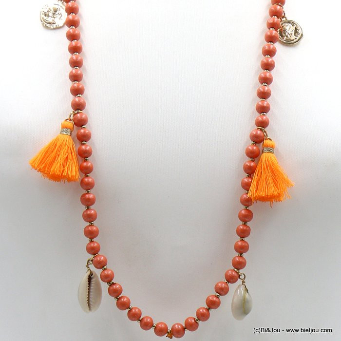 sautoir billes bois breloque coquillage sequin métal pompon fil femme 0122091 orange