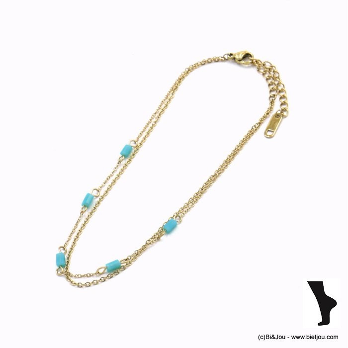 chaine de cheville acier inoxydable double chaines cristal femme 0222129 bleu turquoise
