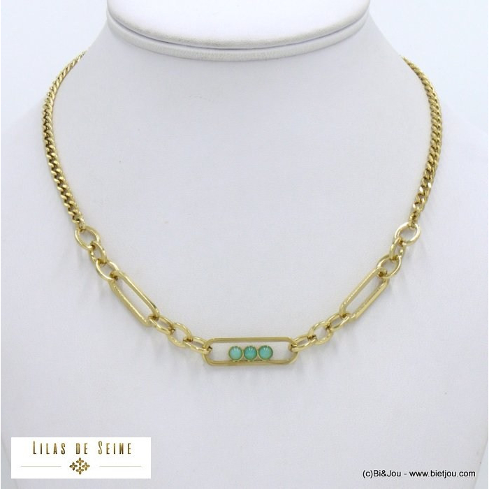 collier acier inoxydable 3 cabochons pierre femme 0122064