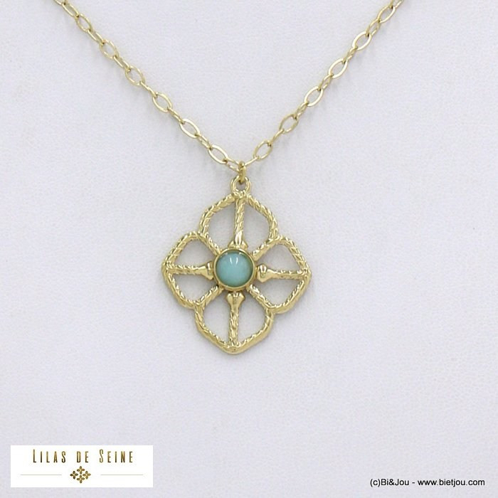 collier acier inoxydable fleur ajourée cabochon pierre femme 0122063 bleu turquoise