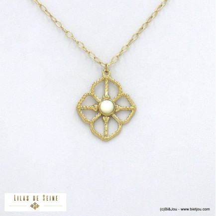 collier acier inoxydable fleur ajourée cabochon pierre femme 0122063 blanc