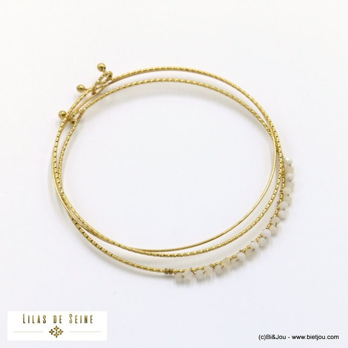 3 bracelets semainier jonc fin acier inoxydable billes facettées pierre femme 0222120