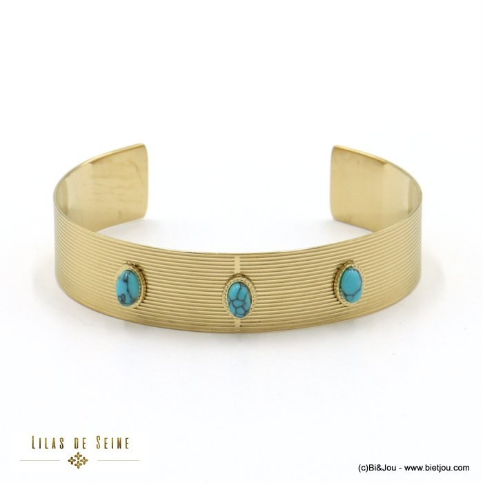 bracelet jonc acier inoxydable strié 3 cabochons ovales pierre femme 0222100