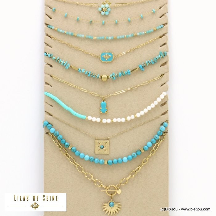 ensemble de 10 colliers acier inoxydable fleur abeille ourson guimauve perles billes pierre femme 0122131 bleu turquoise