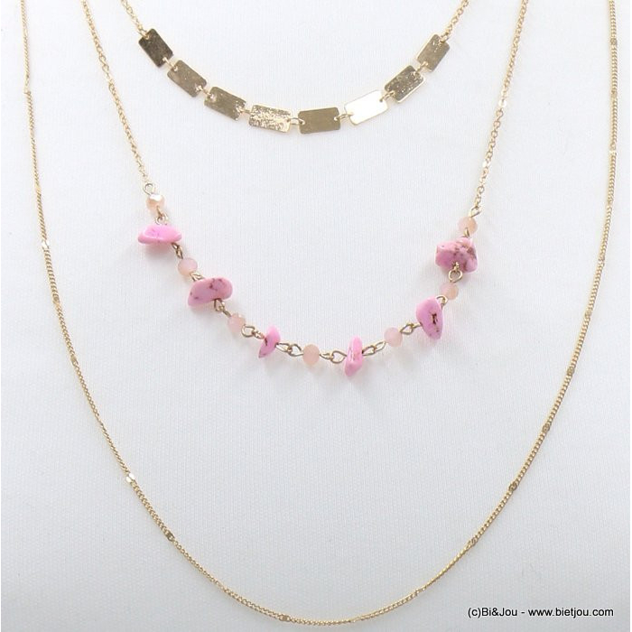 collier layering minimaliste chips pierre cristal métal femme 0122108 rose