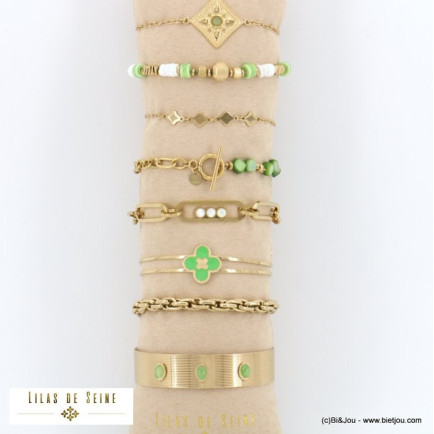 ensemble de 8 bracelets jonc trèfle résine epoxy pendentif rococco nacre pierre acier inoxydable femme 0222158 vert