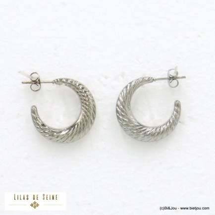 boucles d'oreille demi-créoles acier inoxydable strié minimaliste femme 0322072