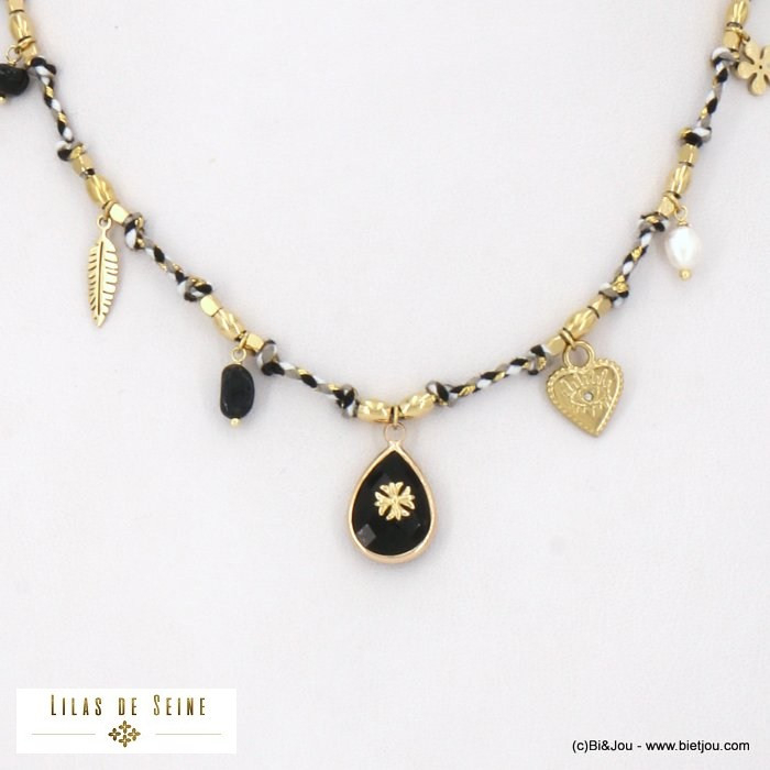 collier acier inoxydable breloques charms pierre femme 0122135 noir