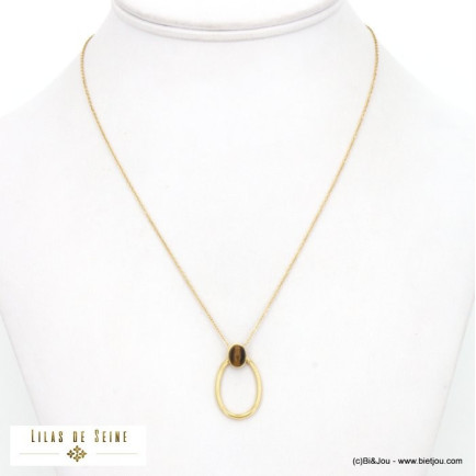 collier acier inoxydable minimaliste anneau ovale cabochon pierre naturelle femme 0122518