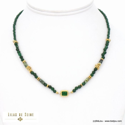 collier acier inoxydable billes facettées pierre naturelle pendentif strass chaîne cristal femme 0122524