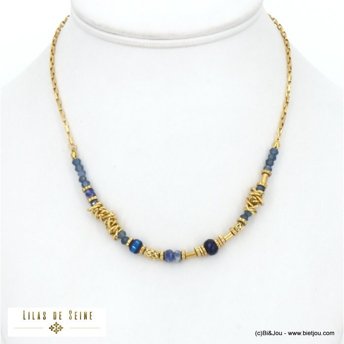 collier acier inoxydable billes facettées pierre véritable cristal chaîne maille vénitienne femme 0122525