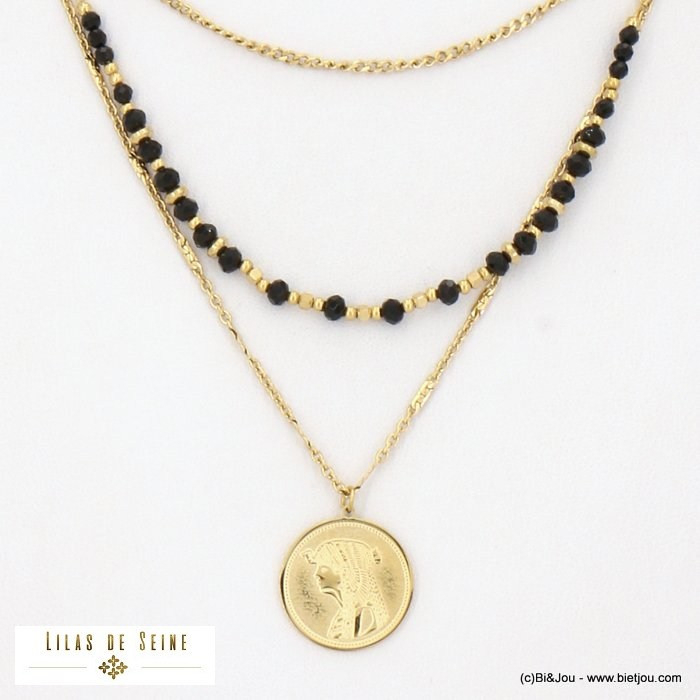 Collier trois-rangs layering pièce de monnaie en acier inoxydable et pierres véritables 0122530 noir
