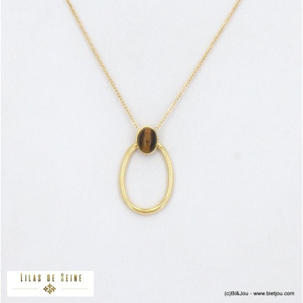 collier acier inoxydable minimaliste anneau ovale cabochon pierre naturelle femme 0122518 marron