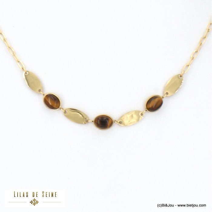 collier acier inoxydable intercalaires ovales cabochon pierre naturelle chaîne maille rectangle femme 0122519 marron