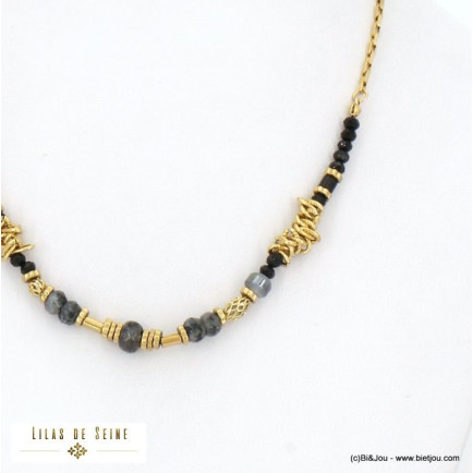 collier acier inoxydable billes facettées pierre véritable cristal chaîne maille vénitienne femme 0122525 noir