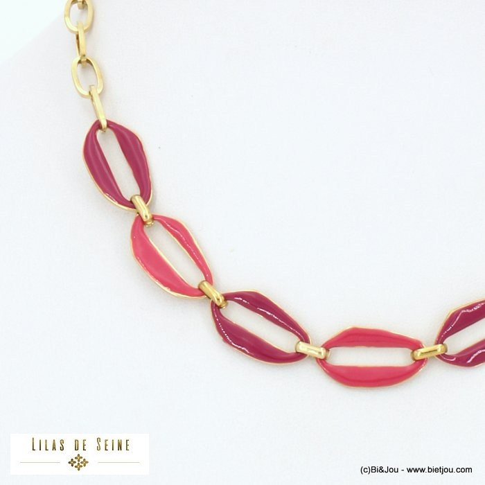 collier acier inoxydable vintage anneaux résine époxy femme 0122537 fushia