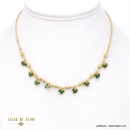 Collier acier inoxydable grappes billes facettées pierre véritable femme 0122529 vert foncé