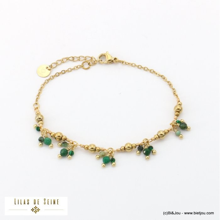 Bracelet acier inoxydable grappes billes facettées pierre véritable femme 0222521 vert foncé