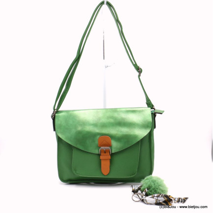 sac à bandoulière cartable Flora&Co simili-cuir souple rabat scintillant boule de poil foulard femme 0922050 vert