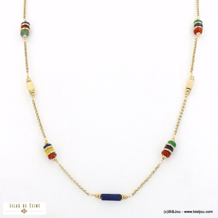 Sautoir acier inoxydable perles pierre naturelle chaîne maille gourmette 0122501 multi