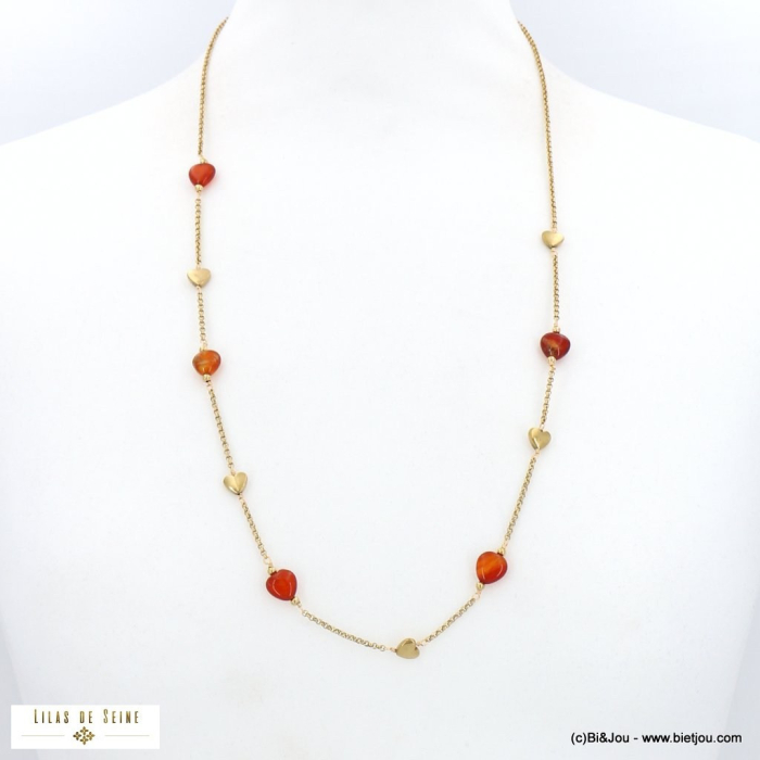Collier long sautoir acier inoxydable perles forme coeur pierre véritable chaîne maille gourmette 0122502 marron