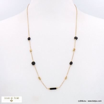 Sautoir femme acier inoxydable perles géométrique pierre véritable chaîne maille forçat 0122503 noir