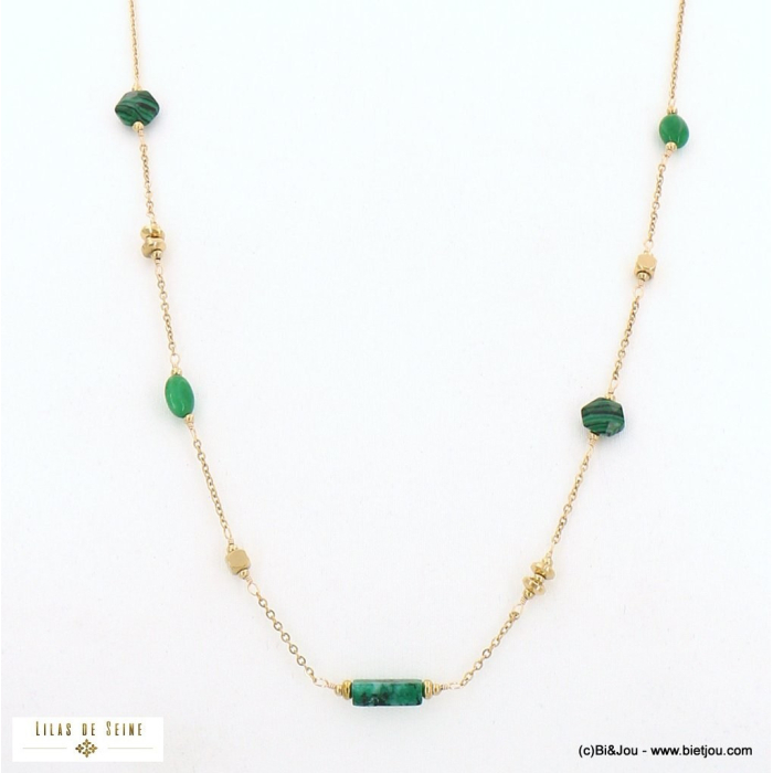 Sautoir femme acier inoxydable perles géométrique pierre véritable chaîne maille forçat 0122503 vert foncé