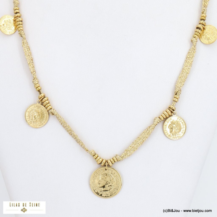 Collier long pièces de monnaie romaines acier et cordon brillant tressé 0122509 bronze