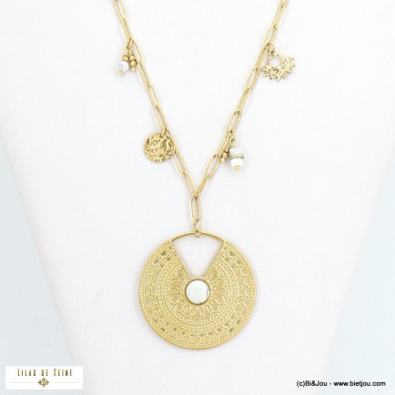 Collier long gros médaillon aztéque gravé en acier et perles en pierres véritables 0122506 blanc