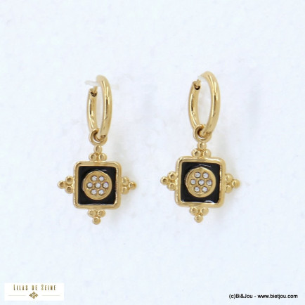Boucles d'oreilles mini-créoles pendentif talisman, strass et émail 0322545 noir