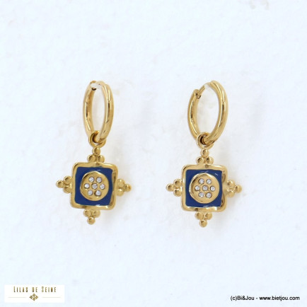 Boucles d'oreilles mini-créoles pendentif talisman, strass et émail 0322545 bleu foncé