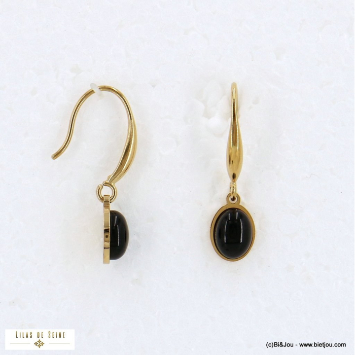 Boucles d'oreilles pendantes cabochon pierre véritable et acier inoxydable 0322548 noir
