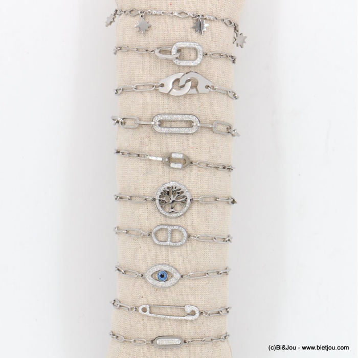 Ensemble sur boudin de 10 bracelets strass étoile menottes arbre de vie oeil protecteur en acier inoxydable argenté 0222552