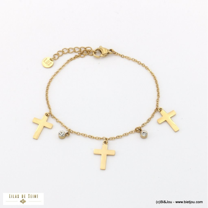 Bracelet chaîne fins breloques strass et croix en acier inoxydable 0222504 doré